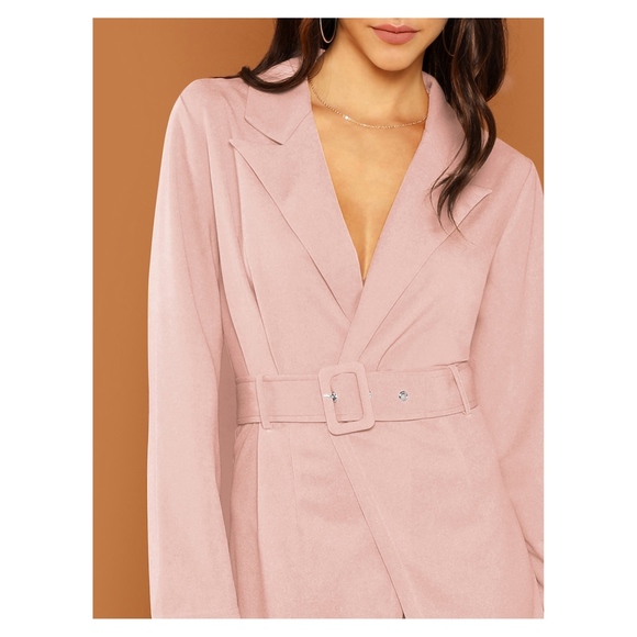 Blush Pink Belted Peak Collar Trench Dress - Picture 3 of 6